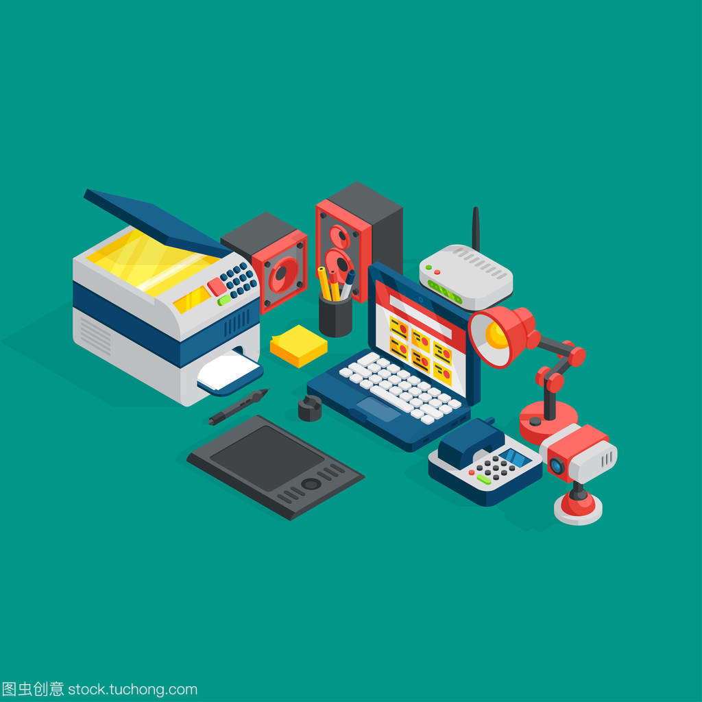 等距視角下的現代辦公室 設備與家具的矢量美學